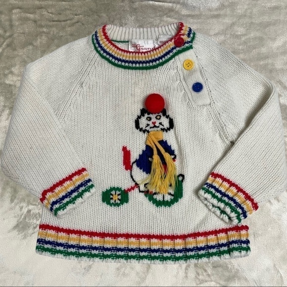 Vintage Full Fashion Grand Knitwear Cat Riding Tricycle Sweater Rainbow Hem 3T - Picture 1 of 6